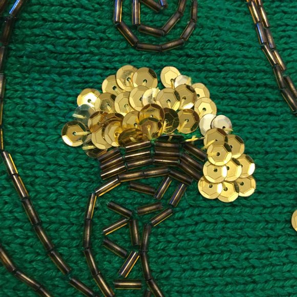 Vintage 80s Green Gold Sweater St Patricks Day Fighting Irish Beaded Sequins (BT - Picture 12 of 16